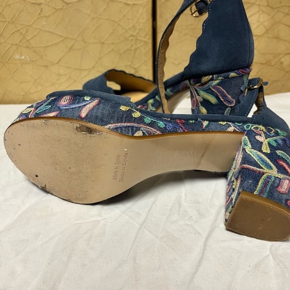 Anthropologie Platform Sandal Heel Womens 9 Ankle Strap Suede Floral Boho Blue - Picture 9 of 11
